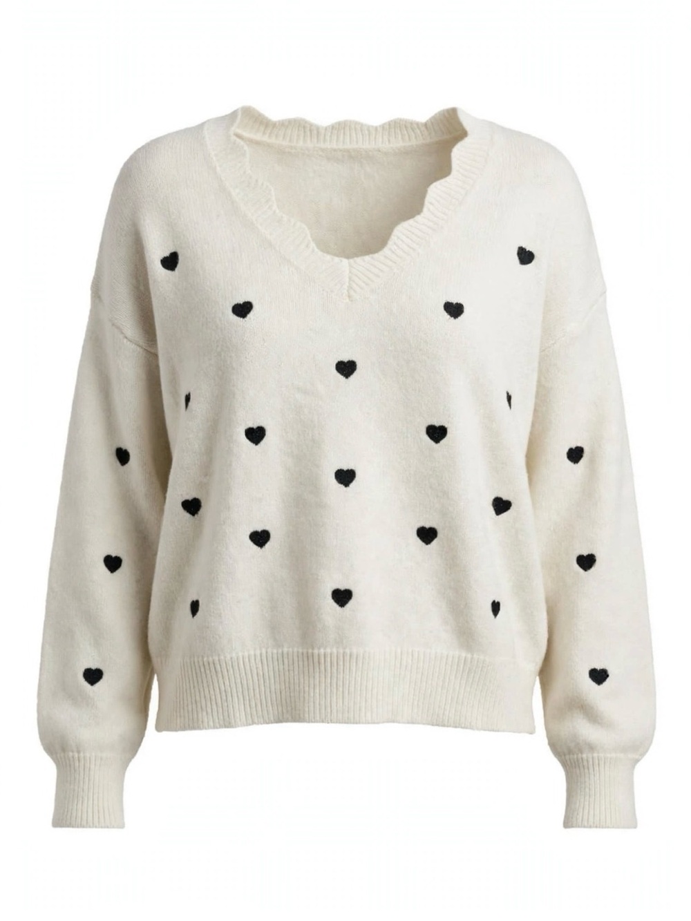 Heart-Print V-Neck Sweater in Cream
